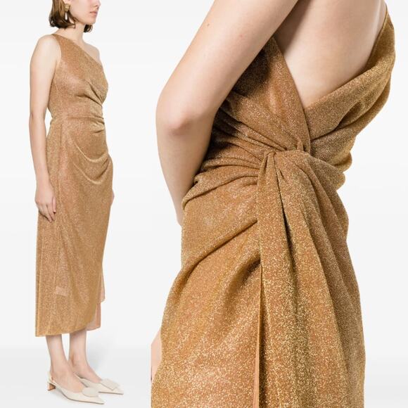 Oseree | SS24 Lumière Knot Dress Toffee Gold Glitter One Shoulder Midi Dress M-L - Picture 3 of 16